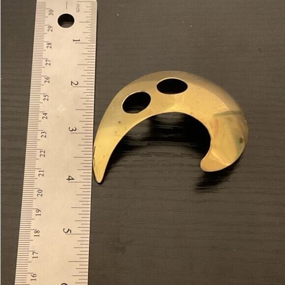 Vintage Brass Crescent Moon Brooch Pin With Dual Cut-Out Design - Picture 5 of 5